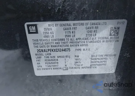 2012 Chevrolet Equinox 2Lt z USA, uszkodzony, nr VIN 2GNALPEKXC6244675